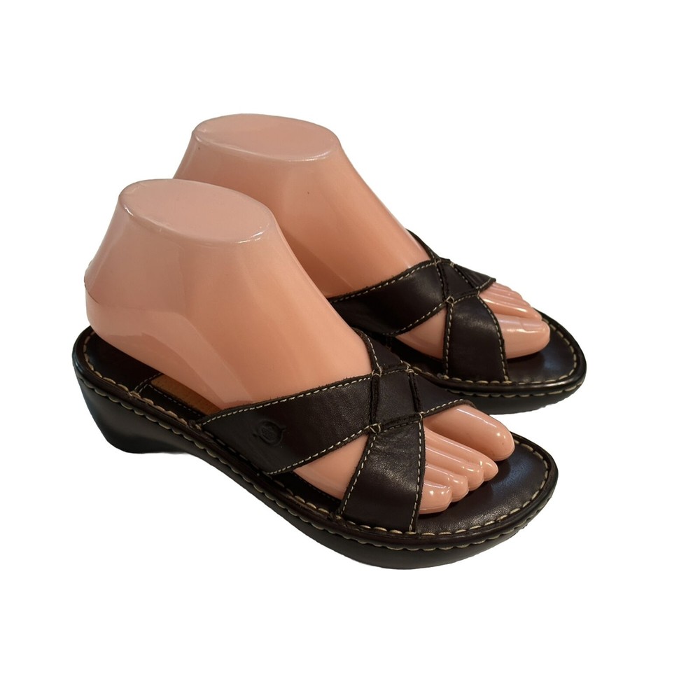 Born Brown Leather Wedge Sandals Size 6 M Criss Cross Strap Slip On